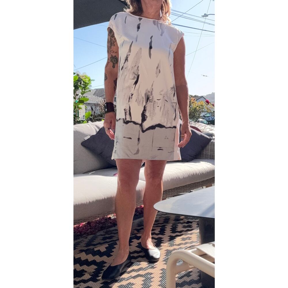 Dalia Sumi-e Ink Wash Watercolor Print Sleeveless Shift Dress Cream Gray Sz 8